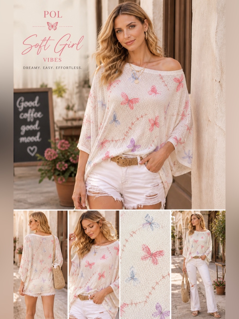 POL Butterfly Open Knit Blouse Top Lightweight 3/4 Sleeve NIP-White A21
